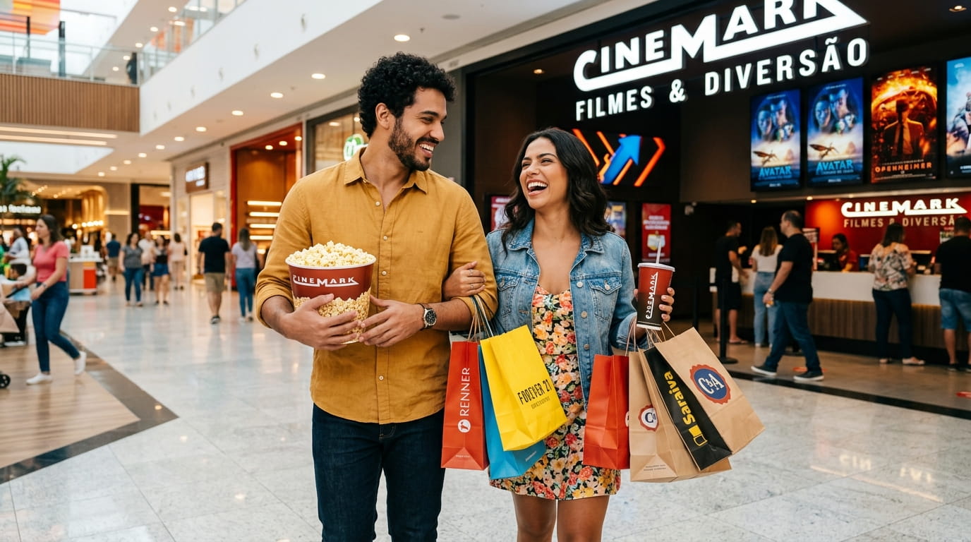 Jovens felizes curtindo cinema e compras no shopping